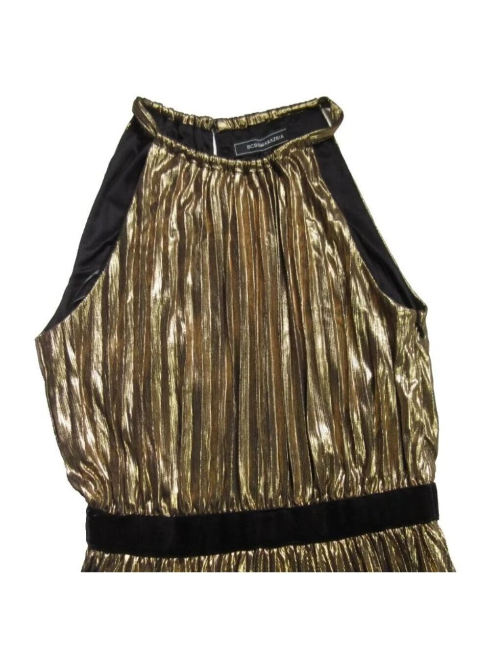 NWT BCBG MaxAzria Starling Gown in Gold Metallic Pleated Halter Maxi Dress XS - Picture 7 of 9